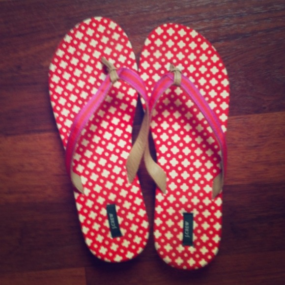 J. Crew flip flops, orange and cream with pink
