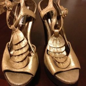 Gold open toe wedges