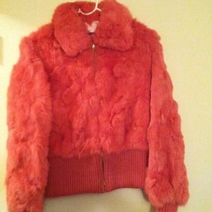 Pink, waist length rabbit fur coat