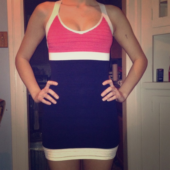 Pink white and navy open back dress - Picture 1 of 4