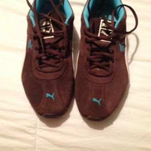 Reserved. Brown and turquoise puma shoes.