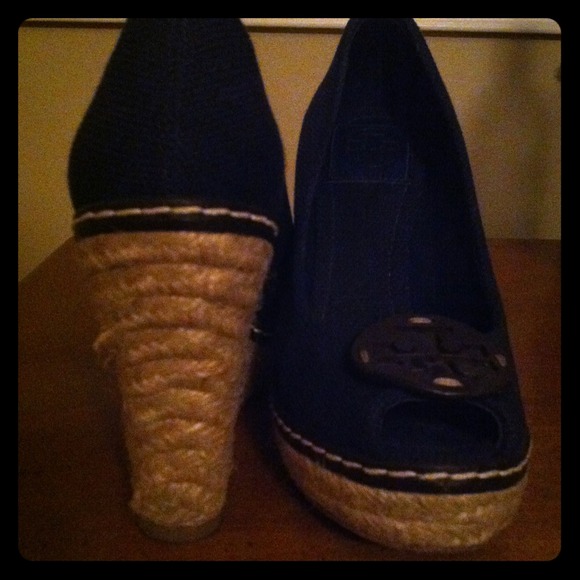 Tory Burch navy wedges! Worn only once!