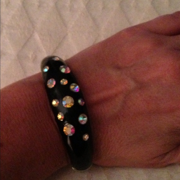 Black Enamel Hinged Cuff with Crystals- WOW!  💎