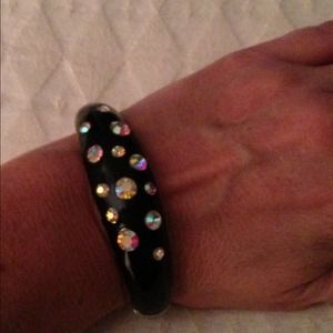 Black Enamel Hinged Cuff with Crystals- WOW!  💎