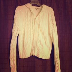 Cream colored zip up cable knit hoodie