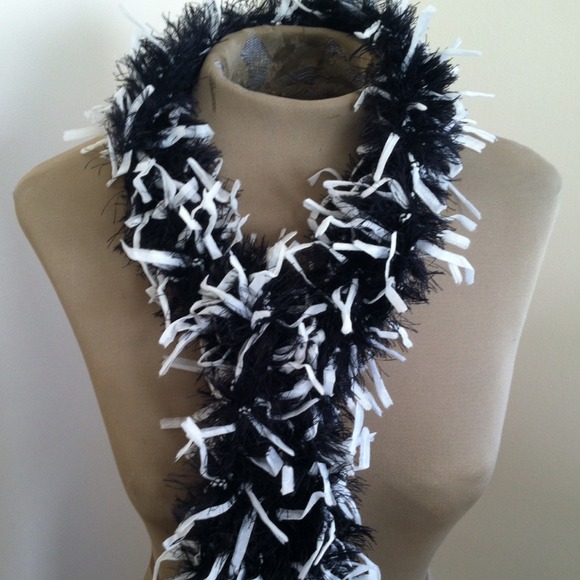 Hand Knit Festive Black and White Eyelash Scarf