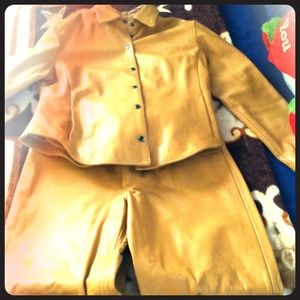 This a mustard leather suit(pants in jacket)