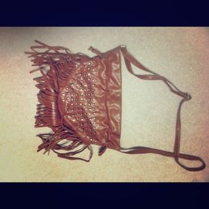 Fringe brown studded leather crossbody purse