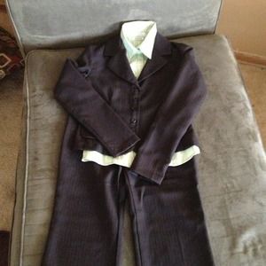 black pant suit with lime green undershirt
