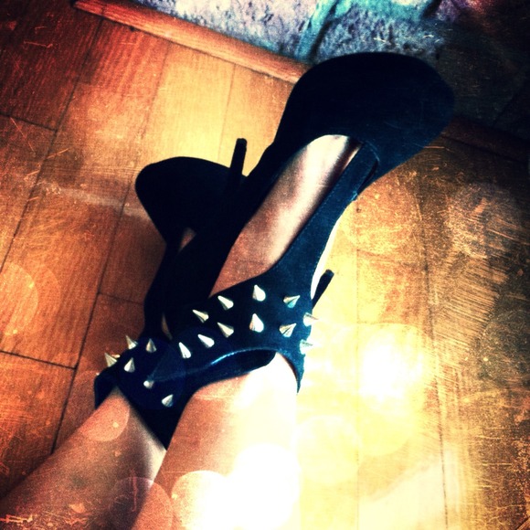 Spiked Black Velvet Ankle Strap Heels