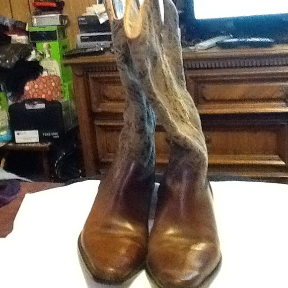 Brown leather & material cowboy boots