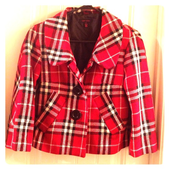 Red Elbow length plaided jacket.