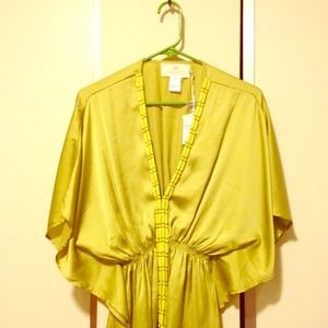Gold/green beaded, kimono-sleeve top