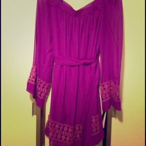 Fuschia peasant dress with belt and lace detail