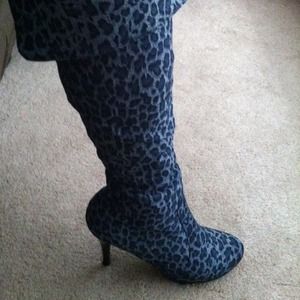 Denim cheetah print knee high boots