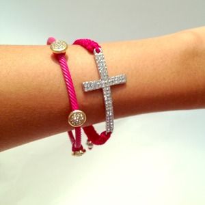 Rhinestone covered cross & coin combo bracelet