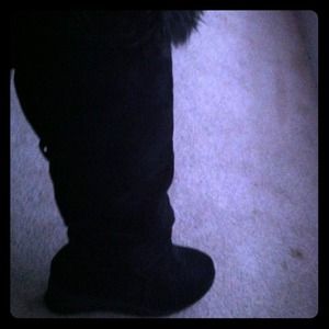Black faux fur knee high boots
