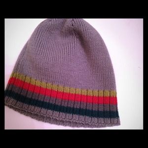 Grey, red, yellow, green beanie/hat