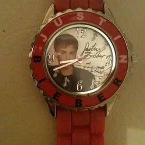 Justin Bieber pink n silver watch