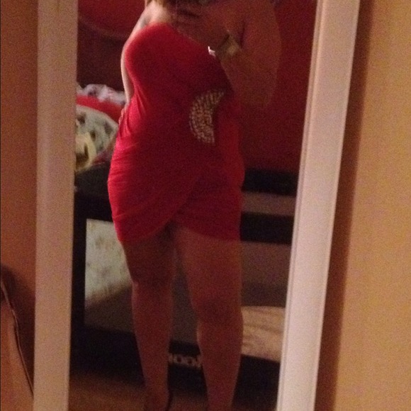 Red sexy strapless drape dress