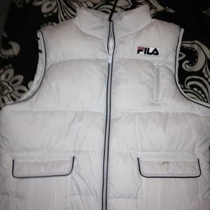 White Down Bubble Vest, black trim. Front zip.