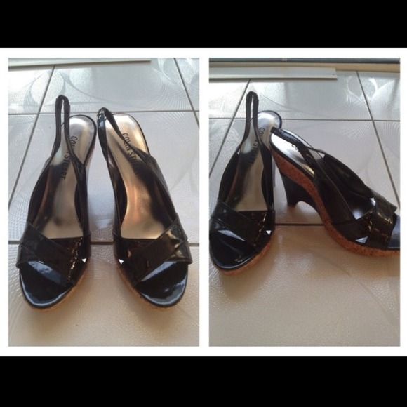 Colin Stuart Black Patent Leather Cork Wedges 8.5 - Picture 2 of 4