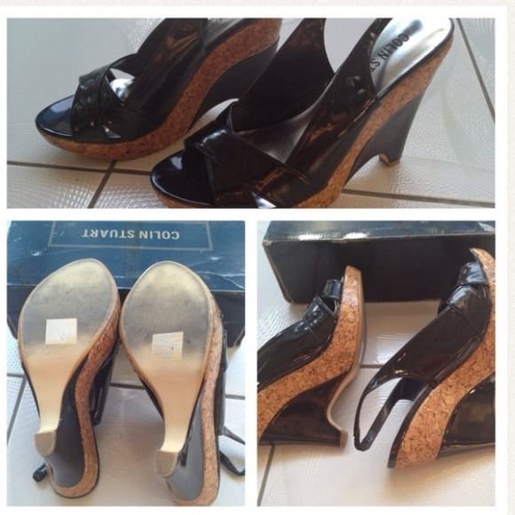 Colin Stuart Black Patent Leather Cork Wedges 8.5 - Picture 3 of 4