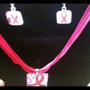 Breast cancer earring and necklace set