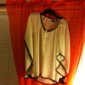 Sheer Cream Top W/ black lace trim