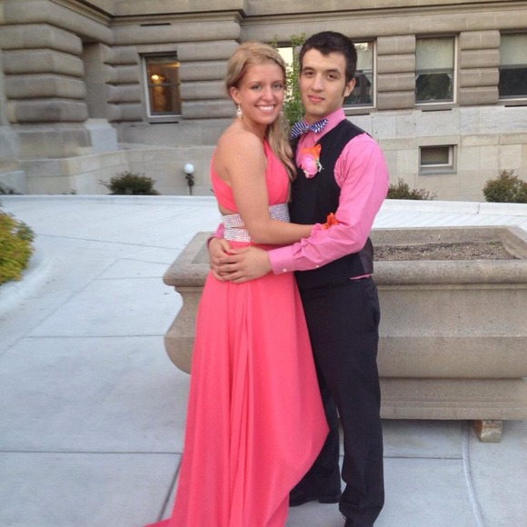 Coral sparkly belt prom dress!