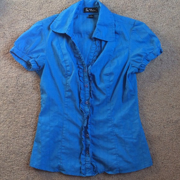 Blue ruffle button-up blouse