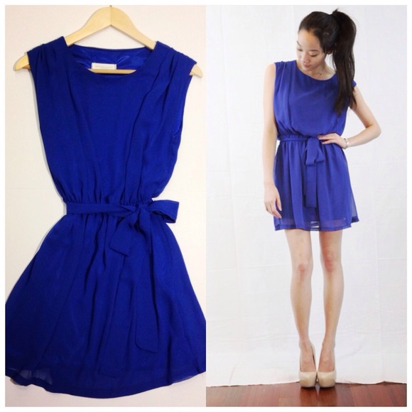 Blue Flowy Dress with Tie Belt