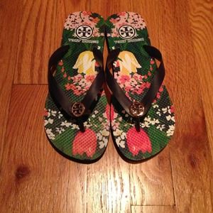 Tory Burch Flip Flops - blue floral