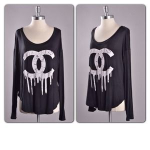 Tops - Last one - black Chanel inspired drip logo tee Tops - Last one - black Chanel inspired drip logo tee
