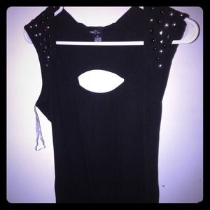 Little black dress with studs on shoulders.