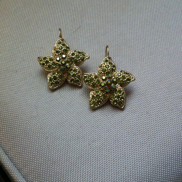 Gold With Green Crystal Earrings.