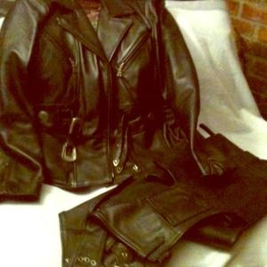 Leather riding jacket and chaps