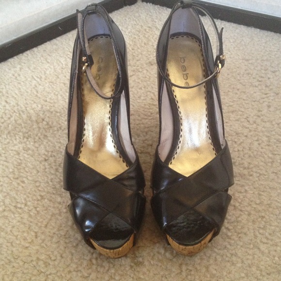 Bebe Black Cork Ankle Strap Wedges 9