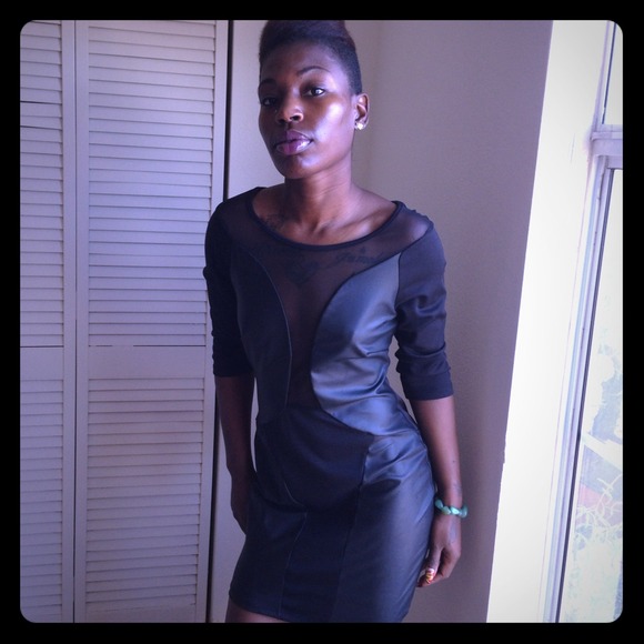 Black Faux Leather and Mesh Party Dress