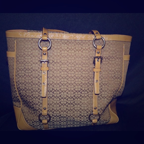 Coach Mini Sig Tan Patent Leather Canvas Book Tote