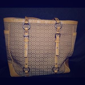 Coach Mini Sig Tan Patent Leather Canvas Book Tote