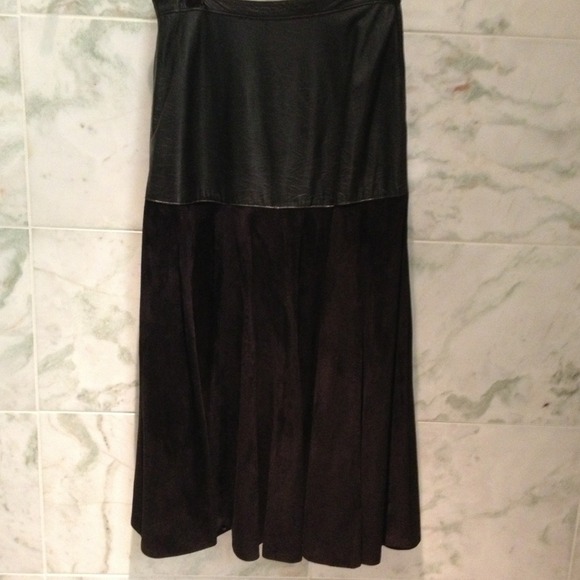 Black Leather Drop Waist & Suede Flared Skirt