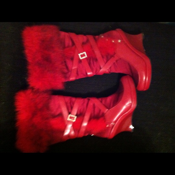 Furry leather wedge heel boot