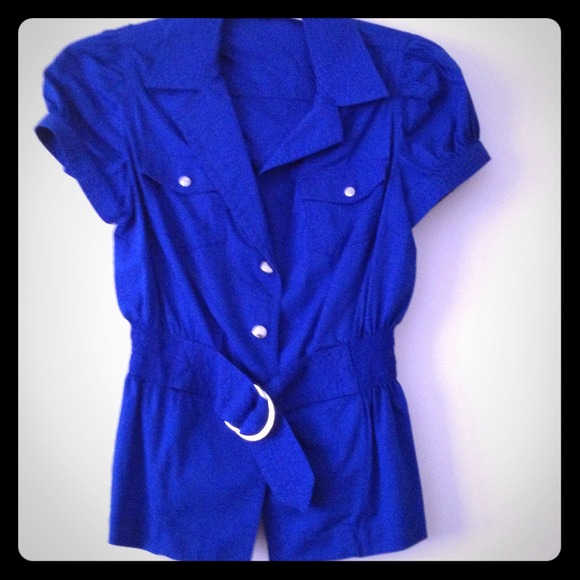 Blue express blouse with built in belt