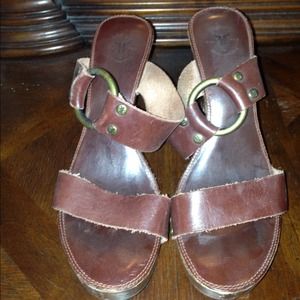 Frye leather and wood sandals size 6