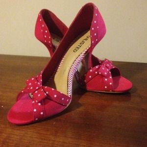 Red Open Toed Pumps with white polka dots