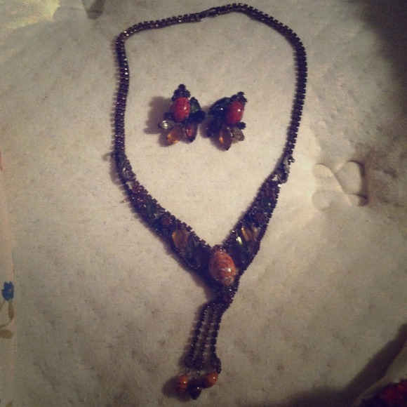 Antique necklace and clip on earrings