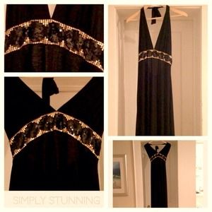 Long Black Evening Dress Sequin Detail & Halter