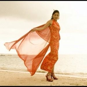 Red Mandarin Dress,  & Wrap w/ umbrella