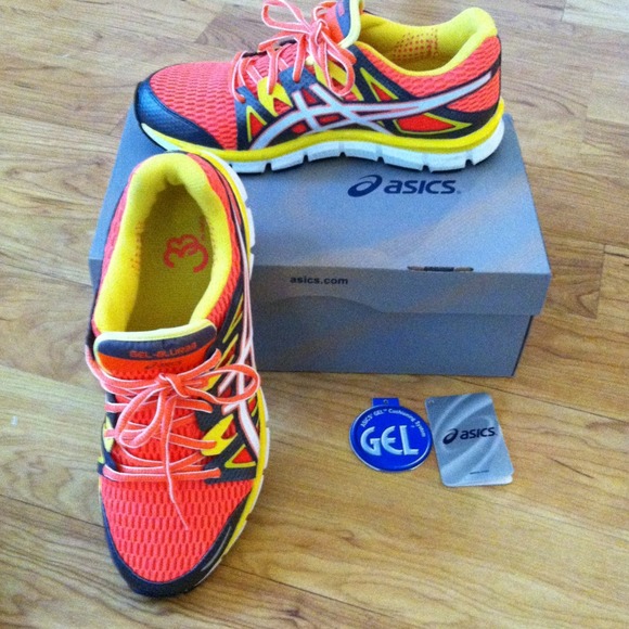 Asics Size 9-Hot Coral/White/Sulfur Yellow--Shoes
